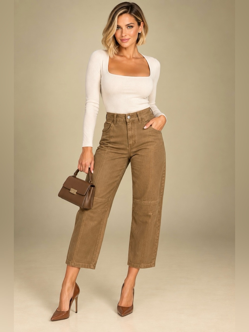 Flamingals Camel Brown Cropped Barrel Utility Jeans Pants Size L